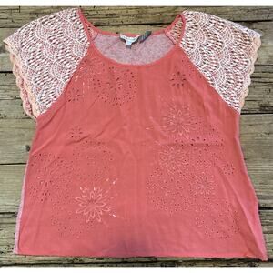Miss Me Womens Size M Coral Eyelet Boho Short Sleeve Top